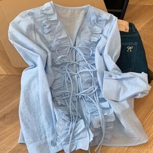 Light Blue Lace Up Ruffle Shirt